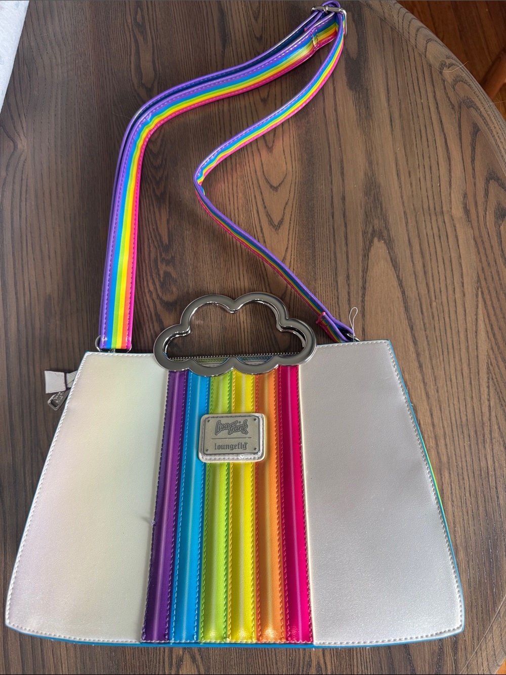 Loungefly Lisa Frank  Iridescent Silver Rainbow Stripe Cloud Handle Satchel